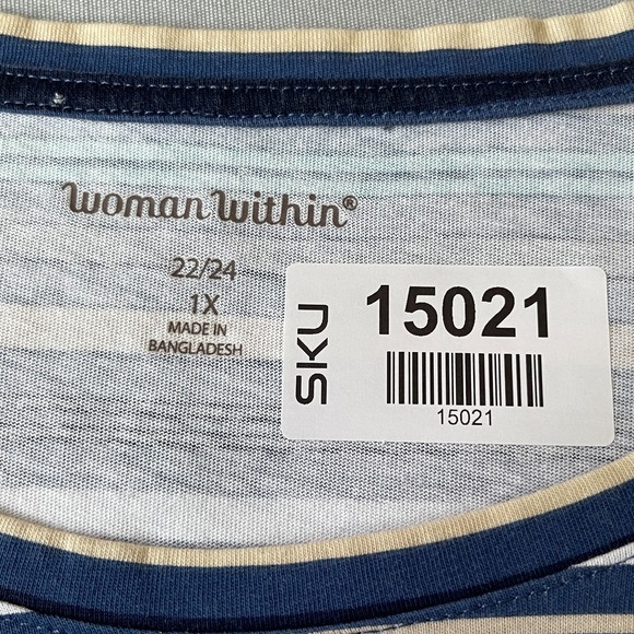 Woman Within Tunic Top Shirt Size 1X‎ Blue Stripe 3/4 Sleeve Cotton Tee - Picture 3 of 9